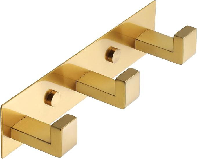 Alise Gold Coat Hooks Hat and Coat Rack with 3 Hooks Wall Mounted | Key Hooks for Robes,Bags,Keys,and Towels,SUS304 Stainless Steel Wall Hooks for Hanging,Self Adhesive or Drilling