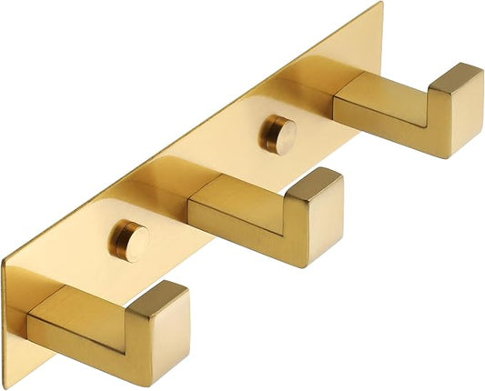 Alise Gold Coat Hooks Hat and Coat Rack with 3 Hooks Wall Mounted | Key Hooks for Robes,Bags,Keys,and Towels,SUS304 Stainless Steel Wall Hooks for Hanging,Self Adhesive or Drilling