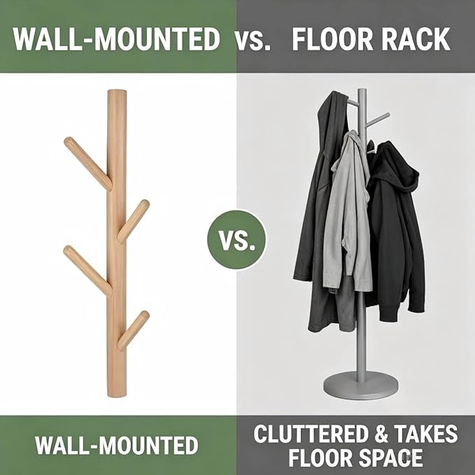 Wooden Wall Mount Coat Rack | Wall Coat Rack, 4 Hooks Tree Branch Coat Rack Wall Mount, Hat Rack for Wall Heavy Duty, Bathroom Towel Rack 2 Pack