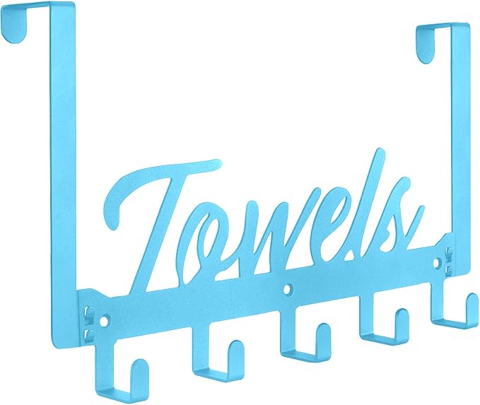 Azmoncy Over The Door Hooks, Towel Rack for Bathroom Over Door Towel Hanger, Heavy Duty with 5 Coat Hooks for Pool, Bedroom, Bathroom, Kitchen Towels, Bags (Blue)