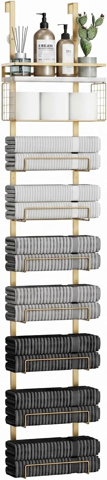 Aetyord Towel Racks for Bathroom Over The Door Towel Racks Towel Storage Organizer with Metal Shelf Basket for Bathroom Rv Camper (9-Tier Gold with White Plank)