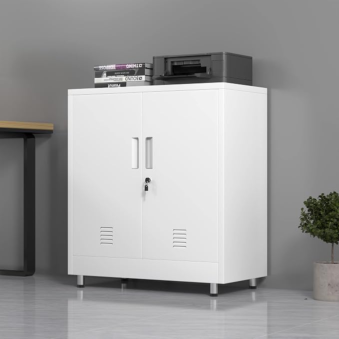 JINGUR Metal Storage Cabinet with Locking Doors and Adjustable Shelf, Small Lockable Sideboard Buffet Cabinet for Home Office Hallway Entryway Living Dining Room (White)