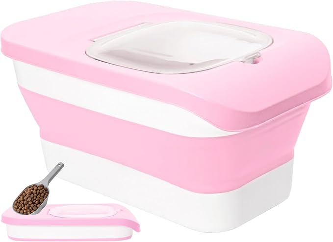 10-13 Lbs Airtight Dog Food Storage Container,Collapsible Pet Food Storage | Dog Food Container with Double Airtight Seal,Cat Food Container Dry Food Fresh,Space Saving,Pest/Mouse-proof,Scoop,Pink