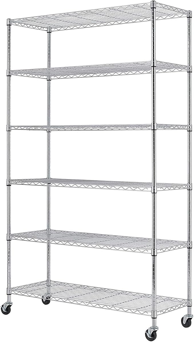 BestOffice | 6-Tier Wire Storage Shelves with Wheels | 18x45x82 | Chrome | Adjustable Racks | Heavy-Duty Metal Shelf, Holds Upto 2100 lbs | No-Tool Assembly | Ideal for Home & Garage Shelving