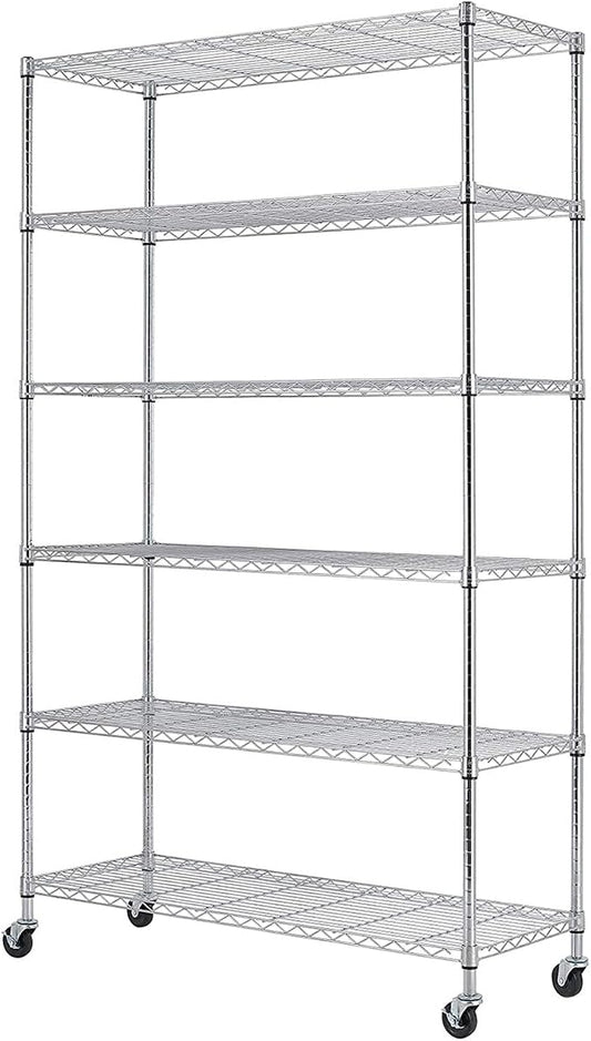 BestOffice | 6-Tier Wire Storage Shelves with Wheels | 18x45x82 | Chrome | Adjustable Racks | Heavy-Duty Metal Shelf, Holds Upto 2100 lbs | No-Tool Assembly | Ideal for Home & Garage Shelving