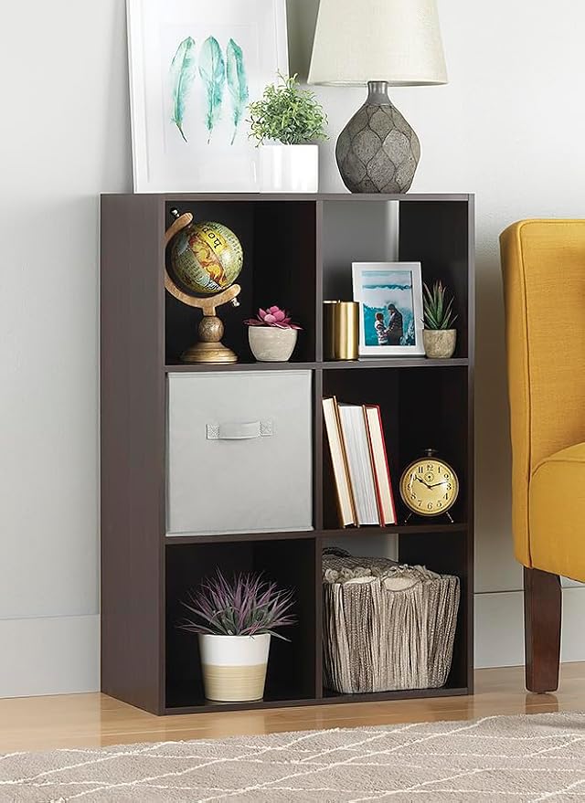 Whitmor 6 Cube Bookcase, 3 Tier Stackable MDF Bookself, Open Storage Display Organizer, Storage Cabinet for Living Room, Bedroom, Home, Office, 23.7" L x 11.7" W x 35.2" H, Espresso