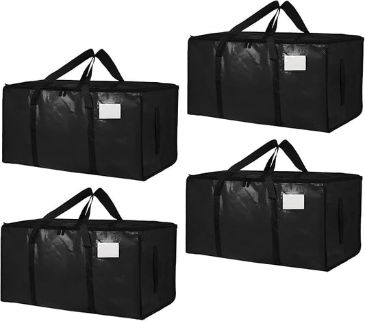4 Pack-Extra Large Heavy Duty Moving Bags - Waterproof Storage Totes with Handles & Zippers, Foldable for College Dorm, Storage (Black)
