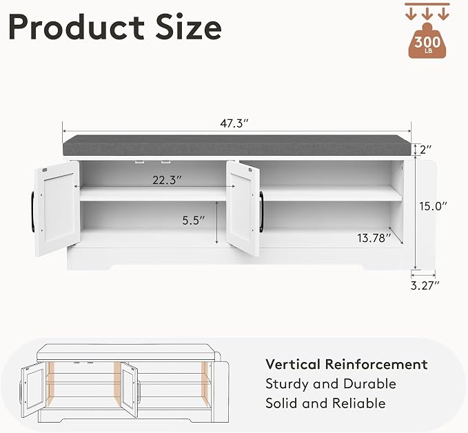 GRUSIGN 47.3" Shoe Storage Bench with Cushion, Entryway Shoe Cabinet, White | 3-in-1 Shoe Storage Bench, 47.3", Adjustable Shelves, Removable Cushion, 300 lbs Capacity, Entryway, Apartment, Families
