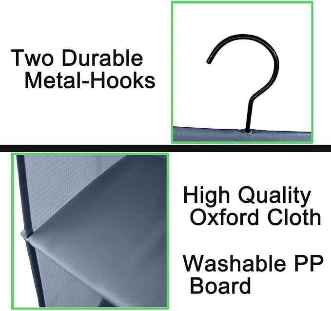 Hanging Closet Organizer 3-Shelf, Oxford Fabric Wardrobe Storage, Gray | Easy-mount foldable design holds clothes, handbags, shoes & accessories; washable Oxford fabric, sturdy and space-saving.