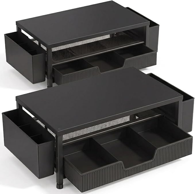 ECOLOVI Desk Organizer and Accessories, 2-Tier Computer Monitor Stand Rise with Storage Drawer & 2 Pen Holders, Laptop & Printer Stand for Desktop, Workspace Organizers for Office Supplies (Black 2-Pack))