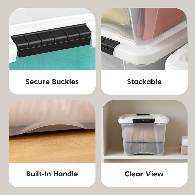 IRIS USA 19 Qt Stackable Storage Bins with Lids, 6 Pack, Clear Plastic | Clear BPA-free bins with secure latches organize crafts, toys, shoes, office supplies, pantry items, and closets.