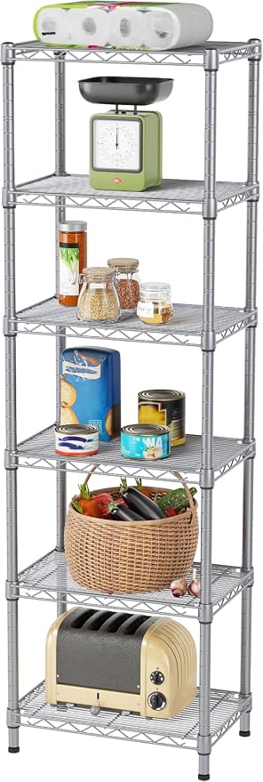 SINGAYE Metal Shelves Wire Shelving Storage Standing Adjustable Shelf Unit | 6 Tier Mesh Units Shelf for Kitchen Laundry Bathroom Closet Organizers Pantry Narrow Home Rack 10" D x 16" W x 63" H Gray