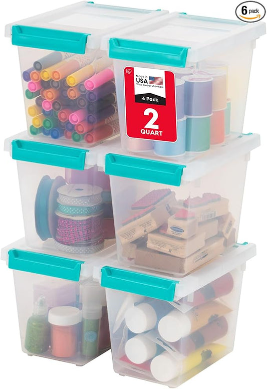 IRIS USA Storage Bins with Lids |Made in USA| 2 Qt Tall - (6-Pack) - Clear | Sensory Craft Organizers, Plastic Clip Box Totes, Flat Containers for Organizing Paper, Office, Art & Study Supplies