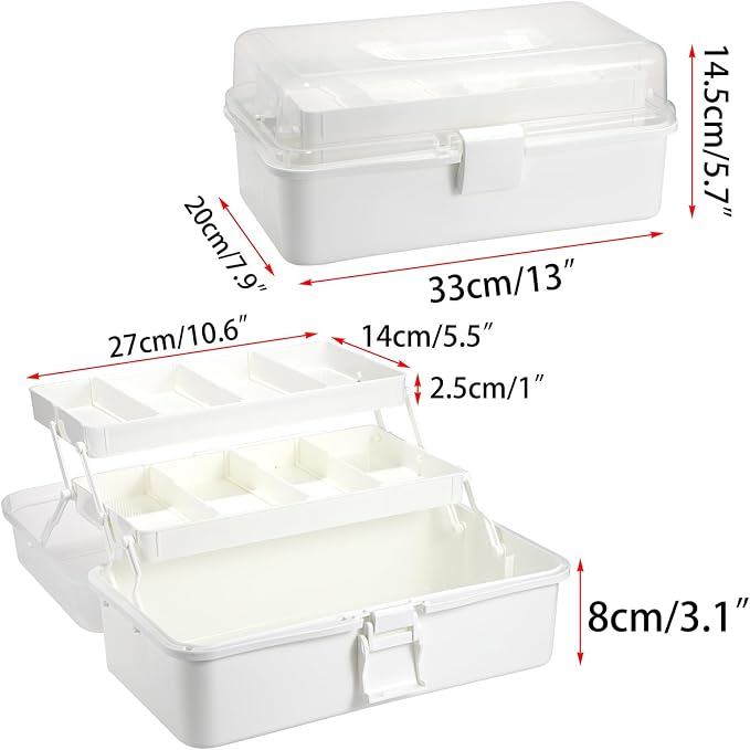 BTSKY 3-Layer Plastic Dividing Storage Box Craft Organizer and Storage | Portable Handled Art Supply Organizer with Adjustable Spacers Multipurpose Home Utility Box for Medicine Sewing(Beige White)