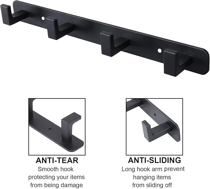 Coat Rack, Heavy Duty Stainless Steel 4 Tri Coat Hook Hanger, Wall Mounted Wall Hooks, Rustic Clothes Hook/Key Hook Rail for Bathroom Kitchen Entryway(2 Pack, 4 Hook Black)