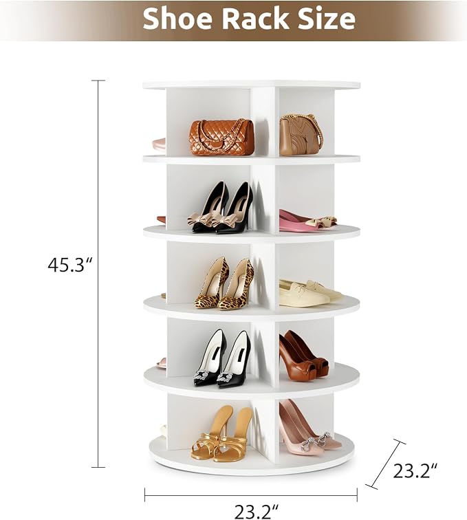 Rotating Shoe Rack 5 Tier Spinning Shoes Organizer Tower for 20-24 Pairs Lazy Susan 360 Revolving Shoe Storage Cabinet Rotate Shoe Handbag Rack Round Carousel for Closet, Bedroom (White)