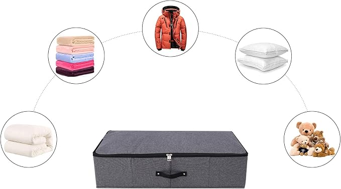 Under Bed Storage Bins with Lids, Closet Organizers, Foldable Under-bed Storage Baskets for Sheets, Clothes, Quilts, Sweaters, Wrapping Paper, 29x15x7inch, Black Gray, 2PCS