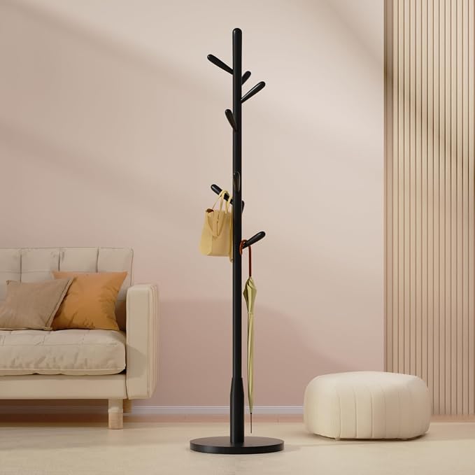Solid Wood Round Base Coat Rack, Free Standing Hall Coat Tree with 8 Hooks（+2 spare for Coats, Hats, Bags, Purses, for Entryway, Hallway, Rubberwood Hooks,Base and Pole(Round Base,Black)