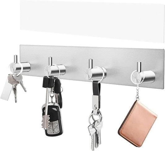 VIS'V Key Holder Wall Mount, Large Adhesive Key Hanger with 4 Hooks, Silver | Metal Material, No Drilling, Extra Adhesive Strip, Suitable for Entryway, Hallway, Doorway, Kitchen, Garage, Camper