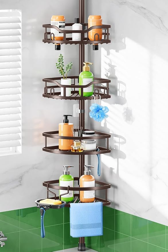 HAMITOR Shower Caddy Tension Pole: Rustproof Quick Install Corner Bathroom Organizer Shelf on Floor for Renters - 4-Tier Large Capacity Storage Rack with Soap Holder for Apartment -47-121 Inch/Bronze