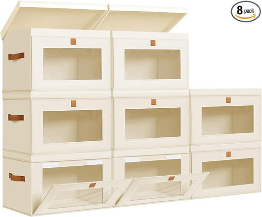 DIMJ Storage Bins with Lids - 8 Pack Large Fabric Closet Organizer with Window & Handles, Collapsible Decorative Storage Boxes for Shelves Under Bed, Books Clothes Blankets Sweaters Organization
