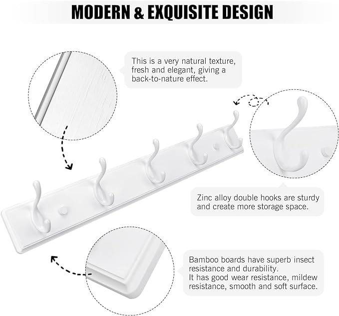 Badiano Wooden Coat Rack, Wall-Mounted Organizer for Closet, Entryway, Hallway, Foyer, Bedroom, Heavy Duty Double Hooks for Hanging Towels, Bags, Hats, Jackets, Key (White, 5 Hooks)