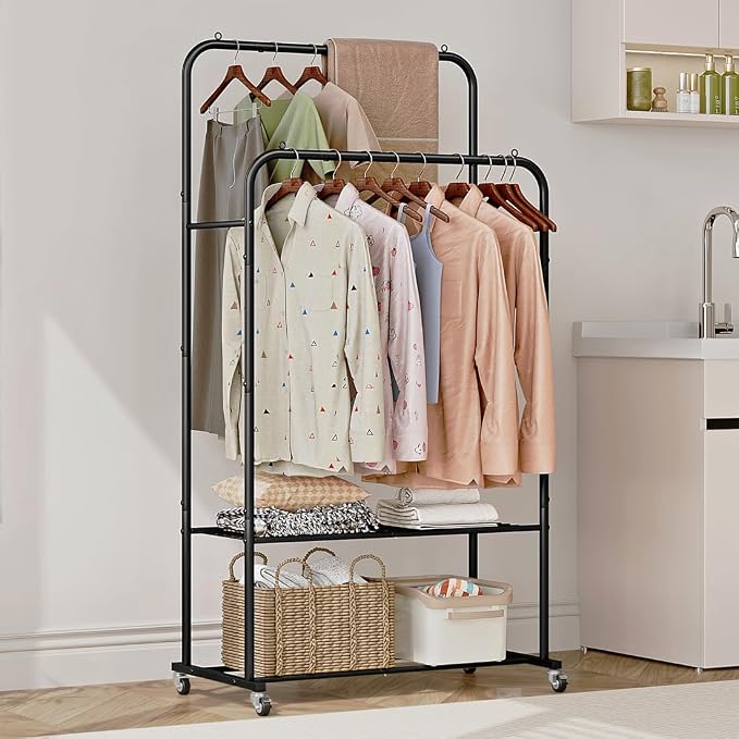 SUOERNUO Clothes Rack with Lockable Wheels Double Rods Metal Garment Racks | Portable Heavy-Duty Clothing Rack, Rolling Clothes Shelves for Bedroom Laundry Living Room, Black