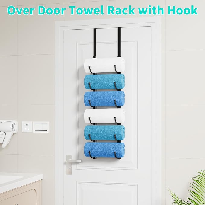HapiRm Rolled Towel Racks for Bathroom - 6-Tier Over The Door & Wall Mounted Bathroom Towel Storage, Hanging Metal Organizer for Towels & Bath Sheets, Space Saving Rack for Bathroom, Camper, RV, Black