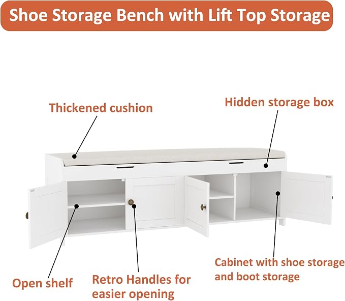 HOMEFORT 54.4" Shoe Bench with Lift Top Storage, Entryway Bench with Cushioned Seat, Wooden End of Bed Bench, Shoe Cabinet Bench with Hidden Storage Space, for Bedroom, Hallway,White