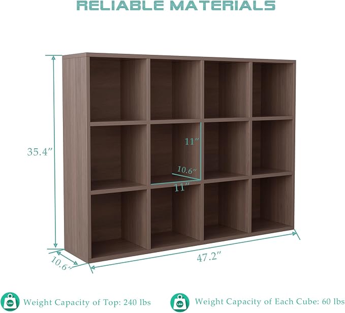 OSCHF 12-Cube Storage Shelf Bookcase, Walnut | Wooden 3-Tier Open Bookshelf, Fits 11×11" Bins, Vertical or Horizontal Use, Full Back Panels, For Home Office