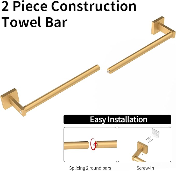 MKO Towel Bar for Bathroom, 24" 2 Pack Wall Mounted Towel Rack, Gold | Hand Towel Holder Rod with Heavy-Duty Metal for Bathroom Kitchen Hanger, 2 Pack Value