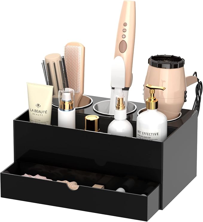 NIUBEE Acrylic Hair Tool Organizer with Drawer, Hair Dryer Holder Organizer | Black, Hot Tools Organizer Countertop with 3 Cups, Hair Blow Dryer Storage for Curling Iron, Brush, Straightener, Bathroom