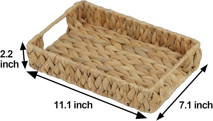 Water Hyacinth Bathroom Vanity Tray with Handle, 11 Inch | Toilet Tank Basket, Bathroom Counter Organizer, Small Wicker Tray, Toiletry Storage, Woven Decor