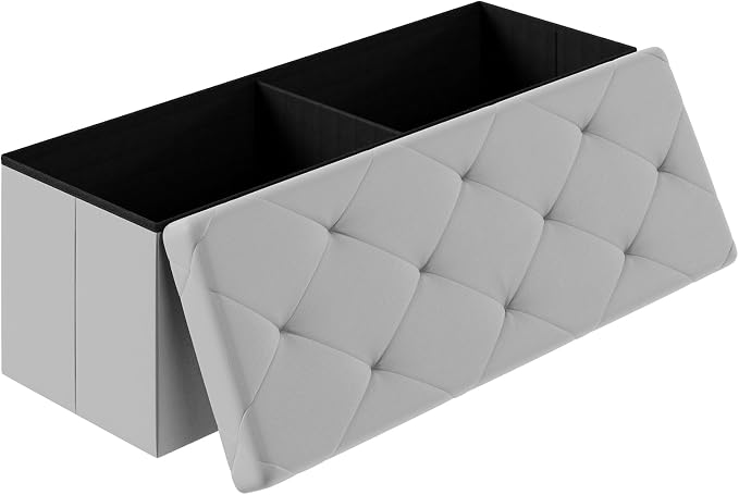 Sweetcrispy 43 Inch Storage Ottoman Bench, Folding Ottoman with Storage | Foot Rest Stool with Padded Seat, End of Bed Storage Bench for Living Room, Bedroom, Loads 660 LBS, Synthetic Leather, Gray