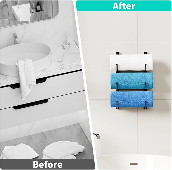 HapiRm Rolled Towel Racks for Bathroom - 3-Tier Over The Door & Wall Mounted Bathroom Towel Storage, Hanging Metal Organizer for Towels & Bath Sheets, Space Saving Rack for Bathroom, Camper, RV, Black