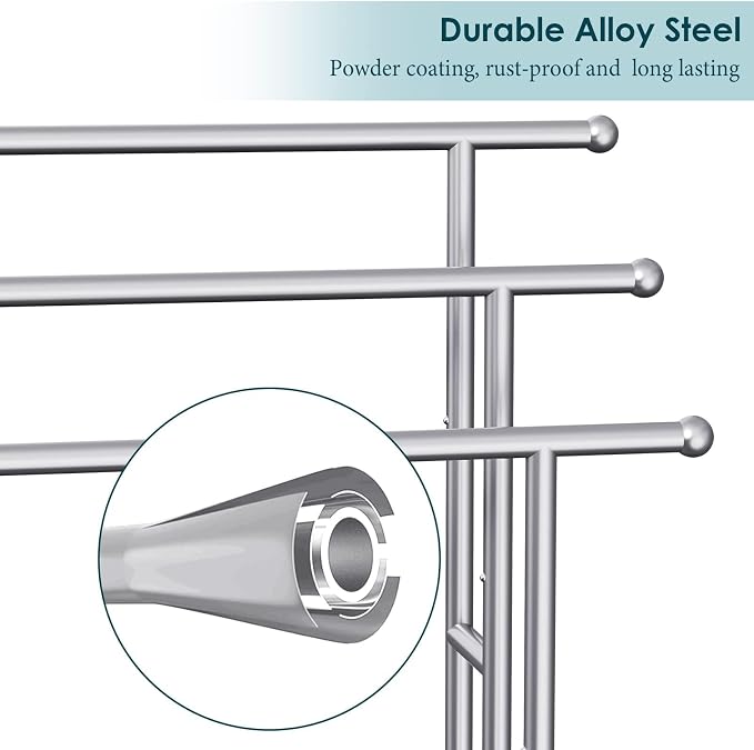 Kayfia 40'' Freestanding 3 Tier Alloy Steel Towel Rack with Storage Basket | Dual-Use Drying & Display Rack, Holds Oversized Bath Towels & Blankets, Fits Bathroom, Tub, Shower, Poolside, Silver