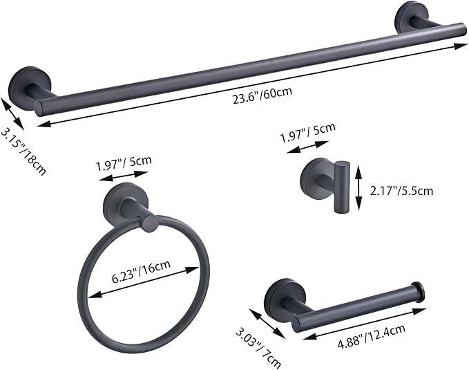 Matte Black Bathroom Hardware Set 5 Piece with Towel Racks for Bathroom, SUS304 Stainless Steel Bath Towel Bar Set, 24 Inch Wall Mounted Accessories Kit…