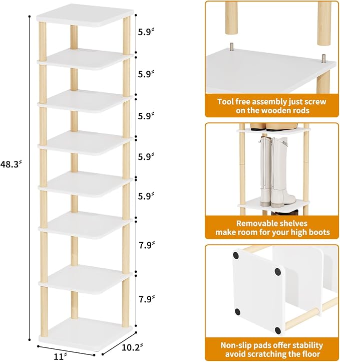 8 Tiers Vertical Shoe Rack, Tall Narrow Shoe Tower, Corner Shoe Rack, White | Small Shoe Organizer for Entryway, Closet, Dorm & Small Spaces, Freestanding Wooden Shoe Shelf for Boots, Sneakers, Heels.