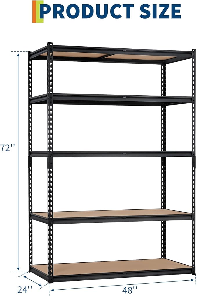 Storage Shelving Unit, 5-Tier Adjustable Metal Storage Shelves, 48" L x 24" W x 72" H Heavy Duty Garage Storage Shelves for Kitchen Pantry Basement Bathroom Laundry