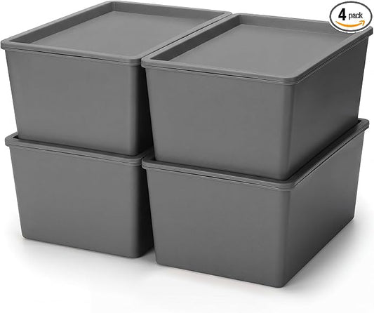 4 Pcs Storage Bins with Lids Plastic Stackable Containers for Classroom Room Organizing Shelves Christmas Ornament Box Baskets(Gray,Small)