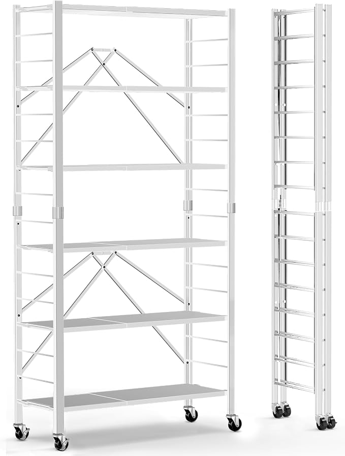 Himix 6-Tier Foldable Storage Shelves Expandable Shelf Wheels White 2-in-1