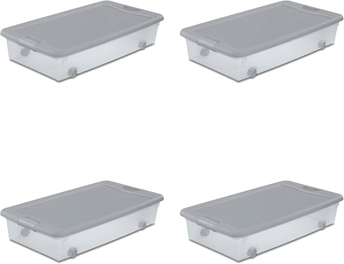 Sterilite 12 Pack Wheeled Under Bed Storage Container, 56 Qt Plastic Bin with Latching Lid for Organization - Clothes & Shoes Organizer, Silver Tint