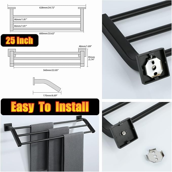 Alise GK9009 SUS304 Stainless Steel Bathroom Double Towel Bar Towel Rack Hanger (Matte Black, 24-Inch(3-Bars))