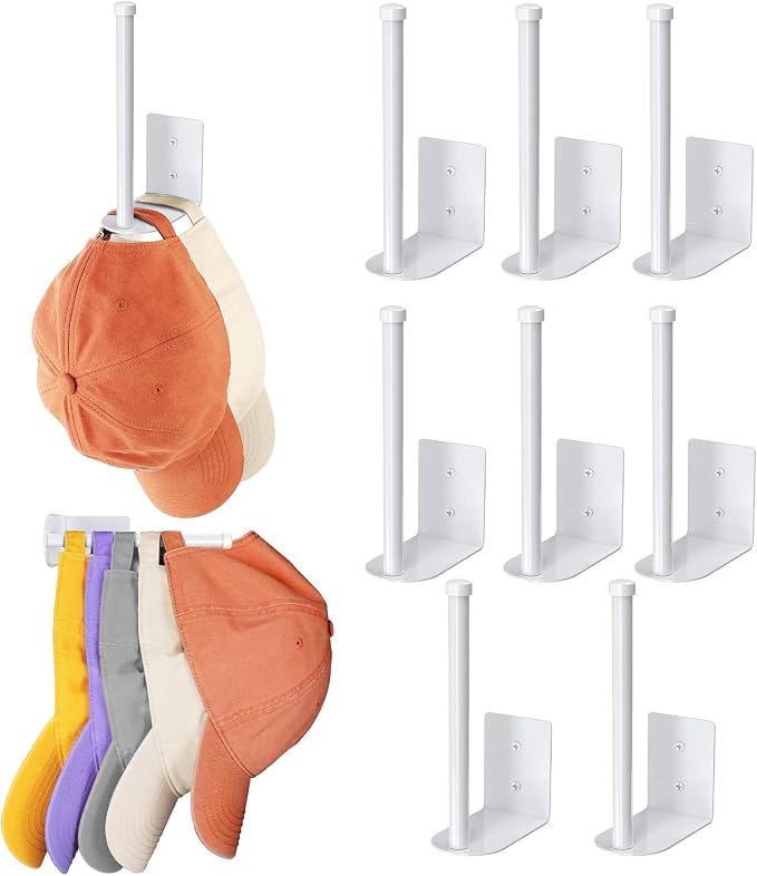 Durmmur Stainless Steel Hat Organizer, Hat Rack for Wall,Each Holds 15 Hats | 8P Strong Adhesive/Wall Drilled Hat Holder, Hat Hooks, Hat Hanger Baseball Cap Organizer for Door,Bedroom,Closet(White 6 in)