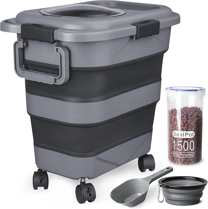 Dog Food Storage Container，23-25 lbs Airtight Collapsible Cat Food Storage Container with Attachable Wheels, Portable Handle, Dog Food Scoop for Dog Cat Bird Pet Dry Food Storage Bin Dark Grey