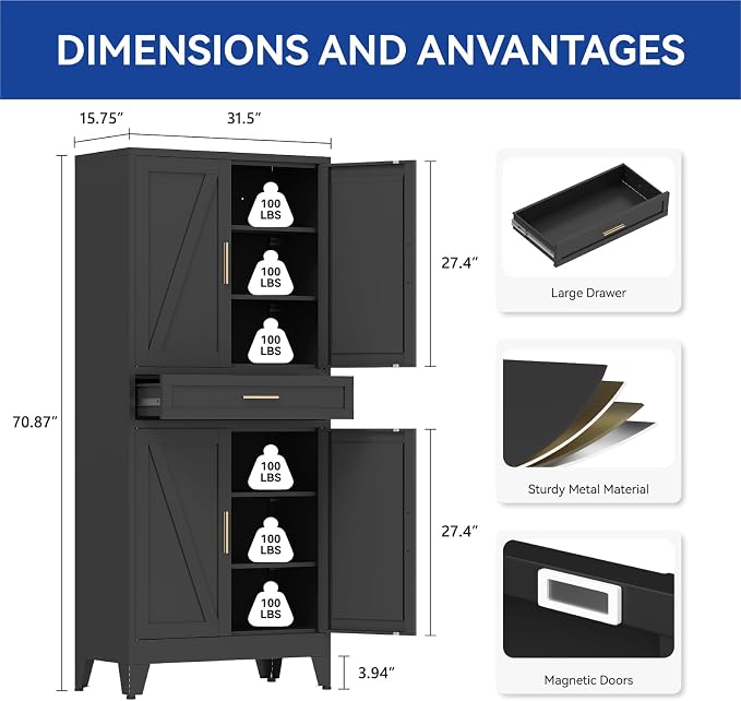 COFaR 71 in Tall Kitchen Pantry Cabinet with Drawer, Metal Pantry Storage Cabinet with 4 Adjustable Shelves and 4 Barn Doors, Freestanding Farmhouse Food Cupboard for Dining Room Garage, Black 6-Tier