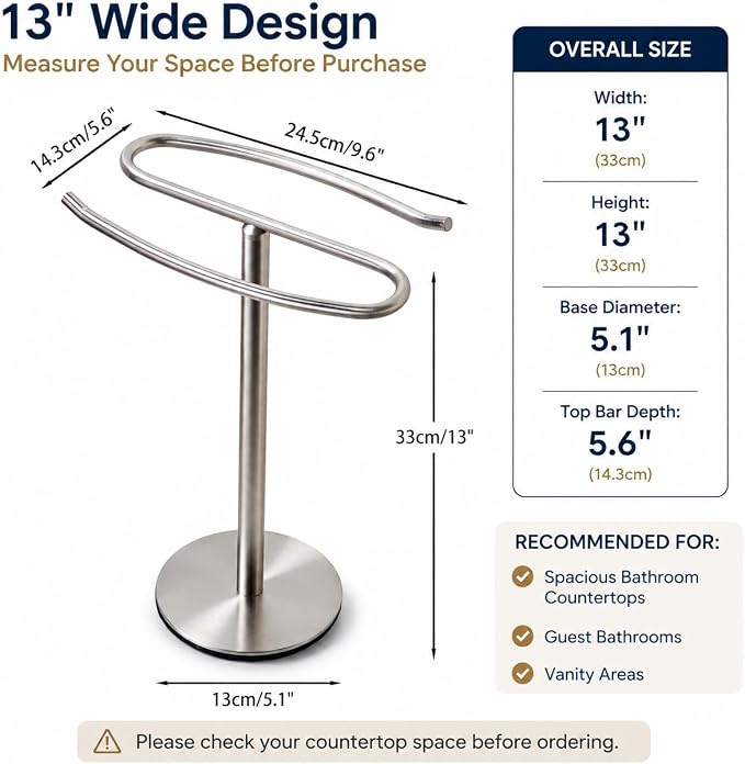 Brushed Nickel Hand Towel Holder Stand,13 Inch Free-Standing Towel Rack, SUS304 Stainless Steel Towel Bar Rack Stand, Tower Bar for Bathroom Kitchen Vanity Countertop…