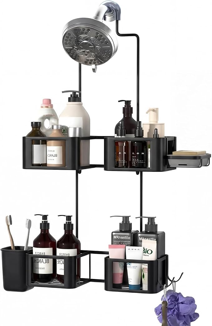 Haging Shower Caddy for Handheld Showerheads,Over Head Shower organizer | Rustproof,Soap Dish,Hooks,Toothbrush Holder,Anti-Swing Adhesive Strip &Suction Cup,For Bathroom,Apartment,RV,Dorm Use,Black