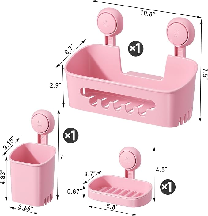 LEVERLOC Shower Caddy Suction Cup Set Shower Organizer & Soap Holder, Pink | Toothbrush Holder, Bathroom Shelf Basket NO-Drilling, Removable Suction Storage, Waterproof Bathroom Caddy