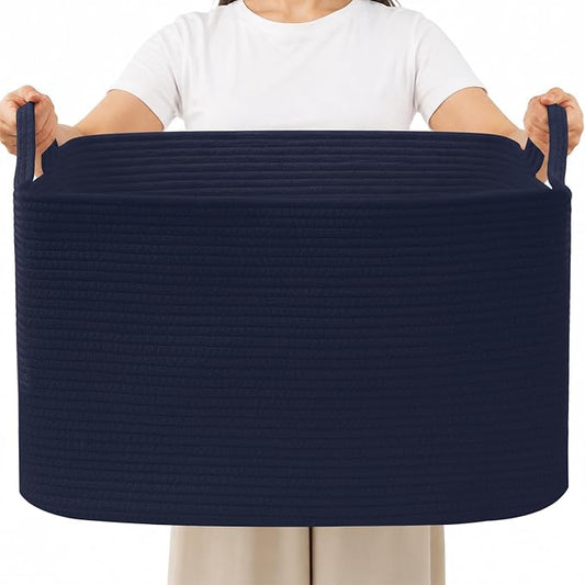 65L Collapsible Woven Rope Laundry Basket with Handles,Navy | 21x16x12 Foldable Rectangular Blanket Basket for Toys, Clothes & Pillows,Ideal for Nursery, Bathroom, Bedroom, Living Room